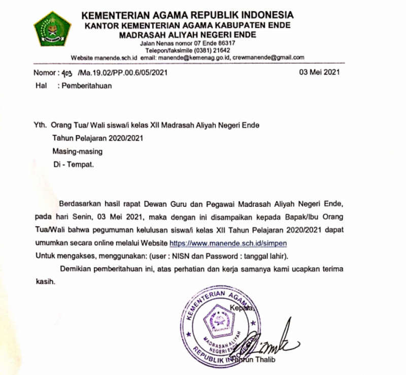 Pengumuman Kelulusan Kelas XII MAN Ende